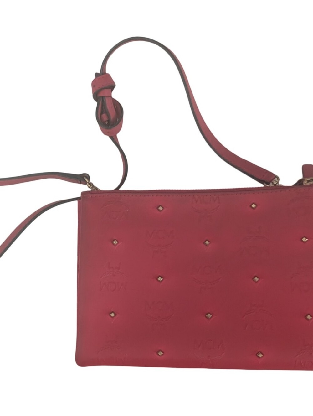 MCM Red Flat Leather Pouch Logo Crossbody Shoulder Purse Clutch Bag Gold Studs